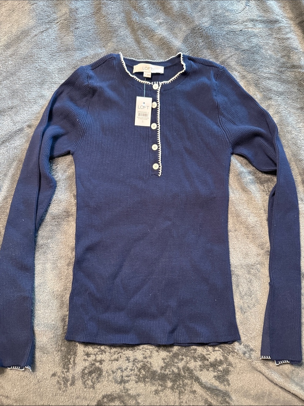 LOFT Navy Ribbed Long Sleeve Henley Top with White Trim